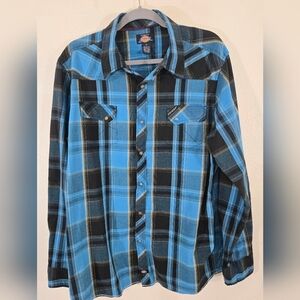 Dickies Men's Blue and Black Plaid Snap Button-Up Shirt Western Work Rural, XL